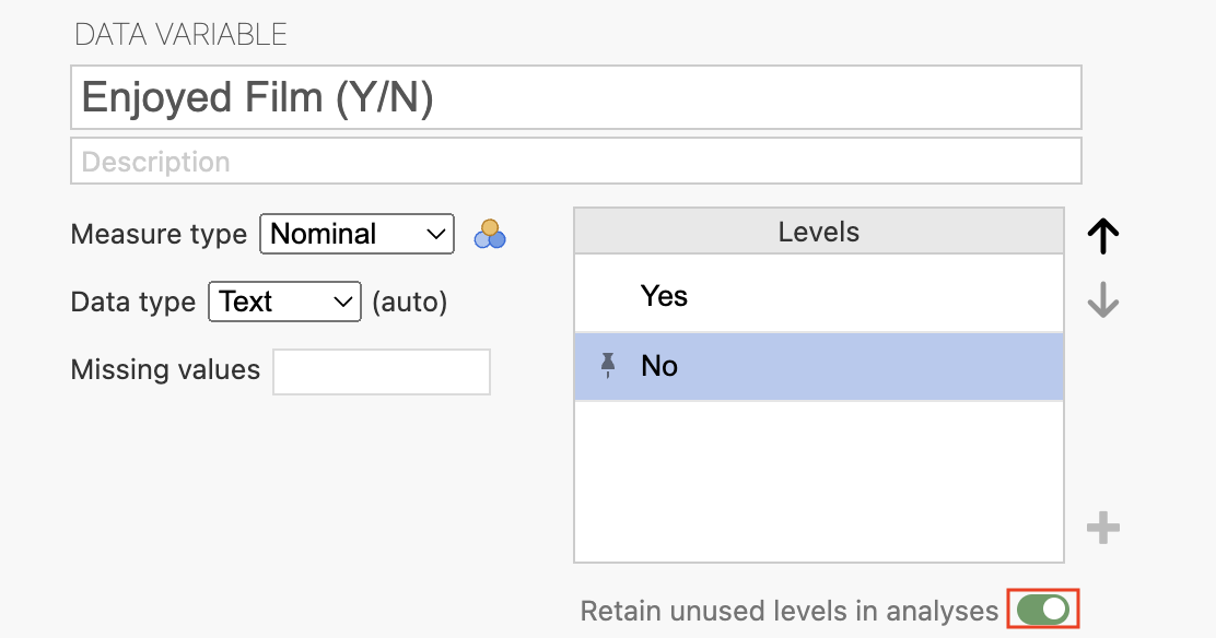 The data editor in jamovi where to add the text for the unused levels to be retained in analyses, even if they are not present in the data.