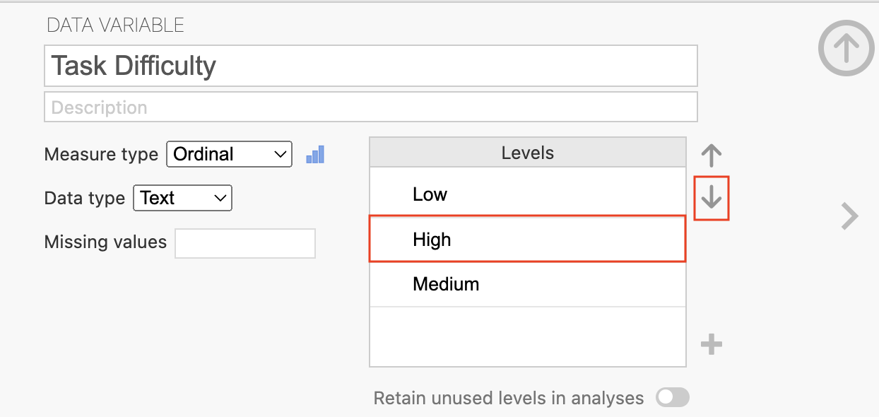 The data editor in jamovi where you can reorder the levels in your variable to be more intuitive - currently they appear in an unusual order: Low, High, Medium.