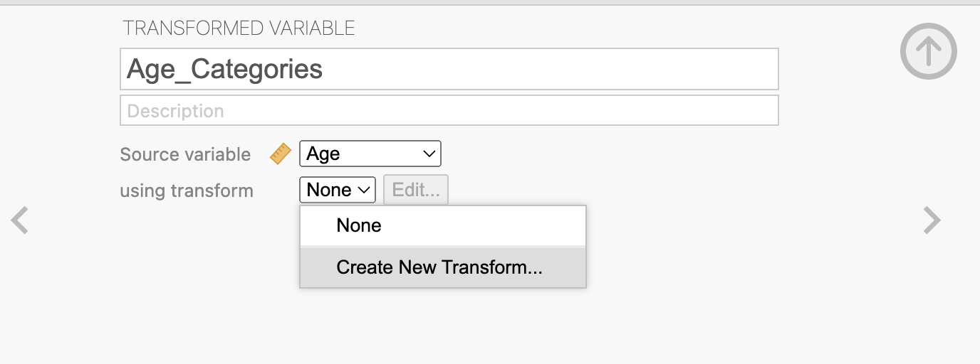 the data editor in jamovi where you can begin to recode a continuous variable (age) into categories (Young, Middle-Aged, Older) but first must click source variable and Create New Transformed.