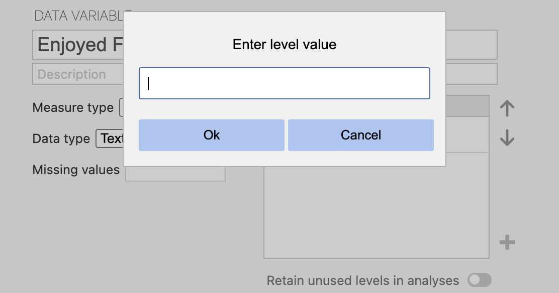 The data editor in jamovi where to add the text for the unused levels to be retained in analyses, even if they are not present in the data.
