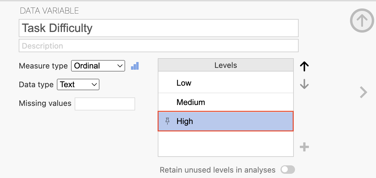 The data editor in jamovi where you can reorder the levels in your variable to be more intuitive: Low, Medium, High.