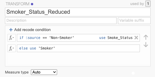 the data editor in jamovi where the smoker status variable is reduced to fewer categories.